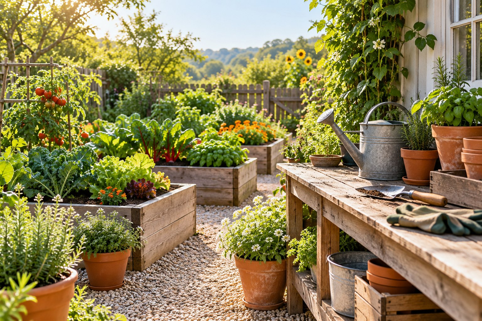 Editorial illustration of a garden and practical tools