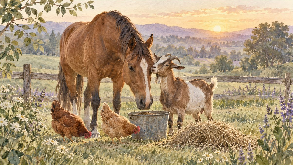 Rice Ranch watercolor artwork with a horse, goat and hens