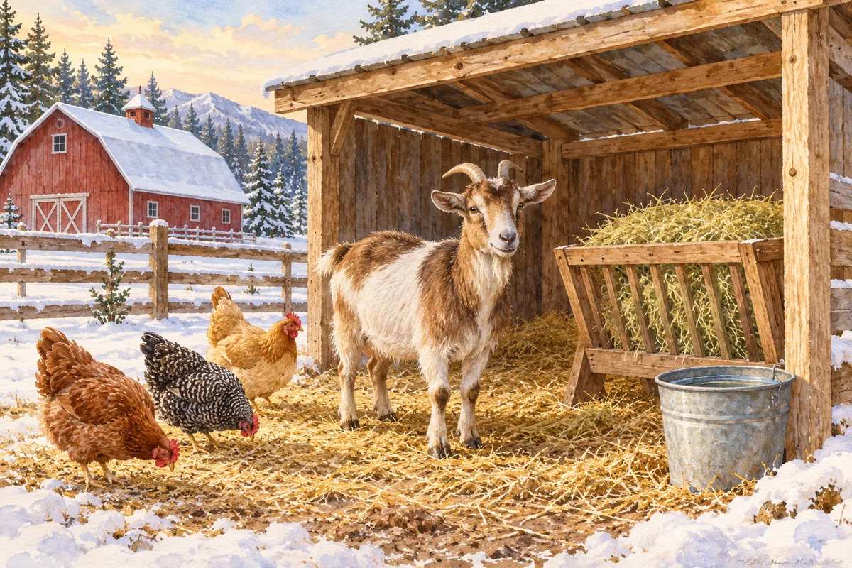 Illustration of a goat and hens beside shelter, hay, water and bedding